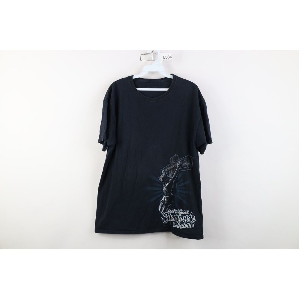 Vtg Y2K Streetwear Mens M Distressed Christian Jesus Cross Spanish T-Shirt Black